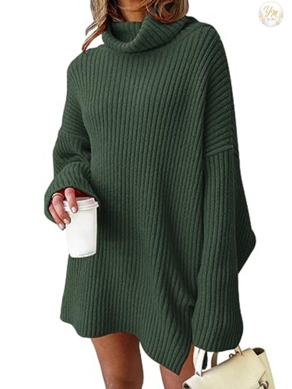 Oversized Turtleneck Sweater Dress Split Hem Knit Winter Pullover